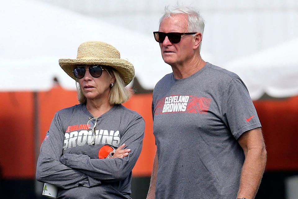 FILE - Cleveland Browns football owners Dee, left, and Jimmy Haslam watch the action during the fourth day of NFL football training camp, Sunday, July 28, 2019, in Berea, Ohio. Dee Haslam has been among the league's most fervent supporters of female equality. (John Kuntz/Cleveland.com via AP, File)