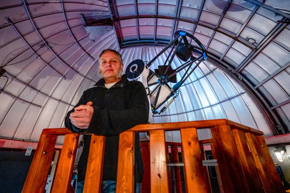 Frosty Drew Observatory & Science Center Director Scott MacNeill and the new 24-inch PlaneWave CDK600 telescope, which gathers images of galaxies more than 55 million and 80 million light years away.