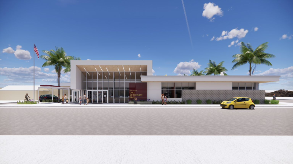 An exterior rendering of College of the Desert's planned  "Child Development Center" across from its campus on Oasis Street in Indio.