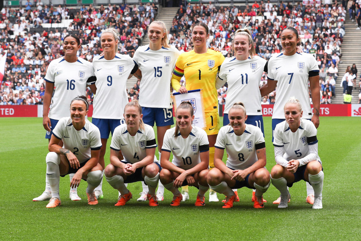 MILTON KEYNES, ENGLAND - JULY 1: The England squad pose for a team photo during the International Friendly match between England Women and Portugal Women at Stadium mk on July 1, 2023 in Milton Keynes, England. (Photo by Jacques Feeney/Offside/Offside via Getty Images)
