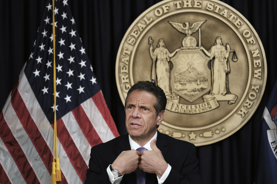 New York Gov. Andrew Cuomo speaks a news conference, Wednesday, May 5, 2021, in New York. (Spencer Platt/Pool Photo via AP)