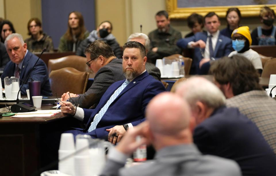 State Sen. David Bullard listens to a question on a bill that would ban public funds from being used for gender transition services. His bill was approved by the Senate Rules Committee on Wednesday.