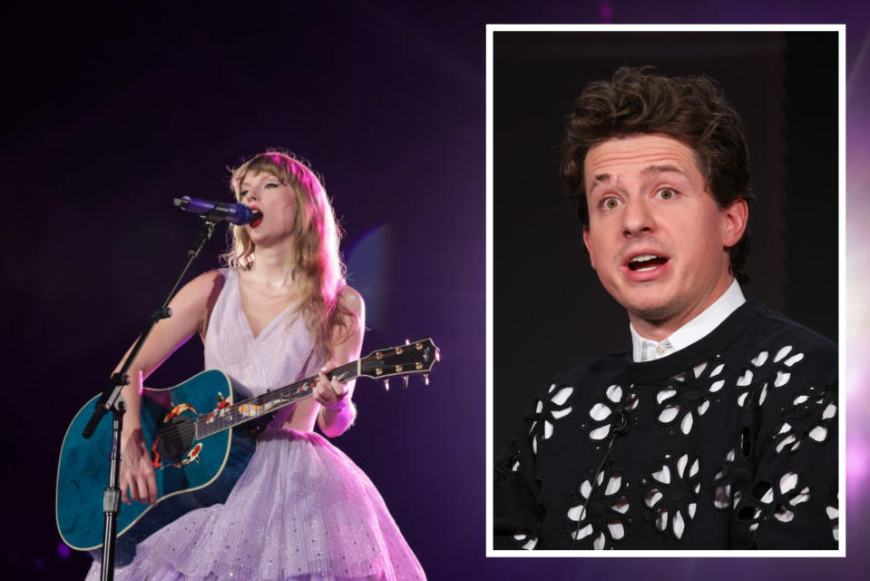 Taylor Swift onstage and a photo of Charlie Puth overlayed on it