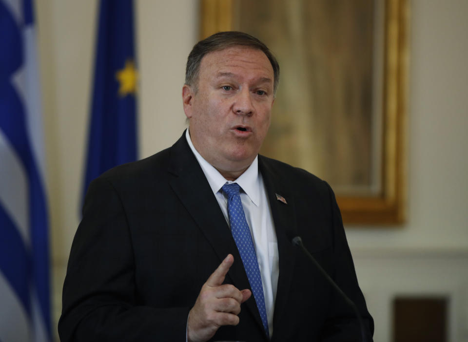 U.S. Secretary of State Mike Pompeo talks during a joint news conference with Greek Foreign Minister Nikos Dendias, following their meeting in Athens, Saturday, Oct. 5, 2019. Pompeo is in Greece on the last leg of a four-nation European tour that has been overshadowed by the impeachment inquiry in Washington. (AP Photo/Thanassis Stavrakis)