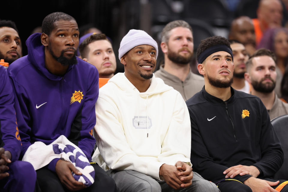 鳳凰城太陽Kevin Durant(圖左起)、Bradley Beal、Devin Booker。(Photo by Christian Petersen/Getty Images)