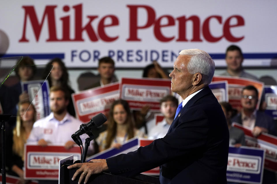 FILE - Republican presidential candidate former Vice President Mike Pence speaks at a campaign event, Wednesday, June 7, 2023, in Ankeny, Iowa. (AP Photo/Charlie Neibergall, File)