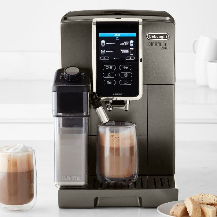 <p><strong>De'Longhi</strong></p><p>williams-sonoma.com</p><p><strong>$1699.95</strong></p><p>This ultra-convenient coffee maker and espresso machine make a variety of drinks at the push of a button. It's a favorite of <a href="https://www.goodhousekeeping.com/author/223025/Nicole-Papantoniou/" rel="nofollow noopener" target="_blank" data-ylk="slk:Nicole Papantoniou,;elm:context_link;itc:0;sec:content-canvas" class="link ">Nicole Papantoniou,</a> Kitchen Appliances & Innovation Lab Director, for its easy-to-use and highly responsive touch screen as well as its built-in frother that is removable to store leftover milk for use at a later time. </p><p>We were impressed with the <strong>fully automatic frother for making drinks like lattes and cappuccinos with a push of a button rather than making the milk in a separate frother and pouring it in ourselves.</strong> It can also brew over ice for iced coffee and make an array of other drinks such as flat whites, macchiato, regular coffee and more. It also makes hot milk and dispenses hot water for hot chocolate or tea. We found cleanup a breeze and appreciate that the frother is located on the machine so it doesn't take up more counter space. </p>