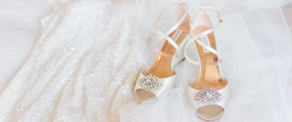 wedding shoes and wedding dress.