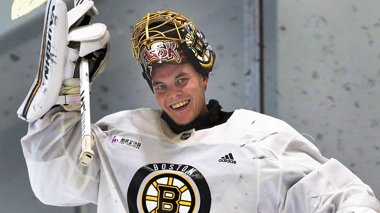 Boston Bruins goalie Tuukka Rask is back in the NHL. (Photo by Jim Davis/The Boston Globe via Getty Images)