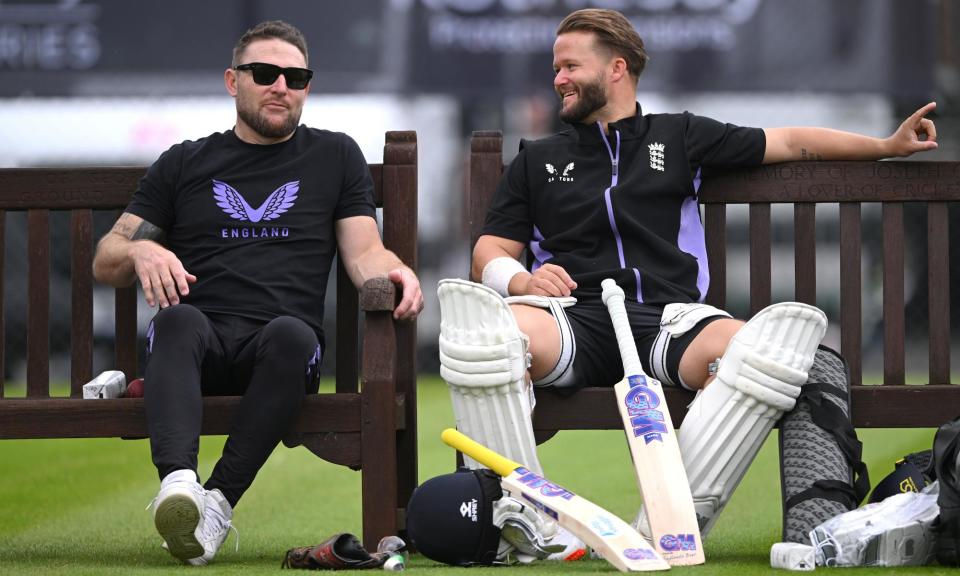 <span>Brendon McCullum and Ben Duckett look in relaxed mood before the third Test at Edgbaston.</span><span>Photograph: Stu Forster/Getty Images</span>