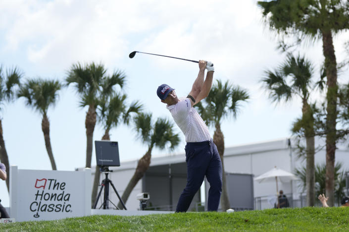 Billy Horschel tees off on the fourth hole in the first round of the Honda Classic golf tournament, Thursday, Feb. 23, 2023, in Palm Beach Gardens, Fla. (AP Photo/Rebecca Blackwell)