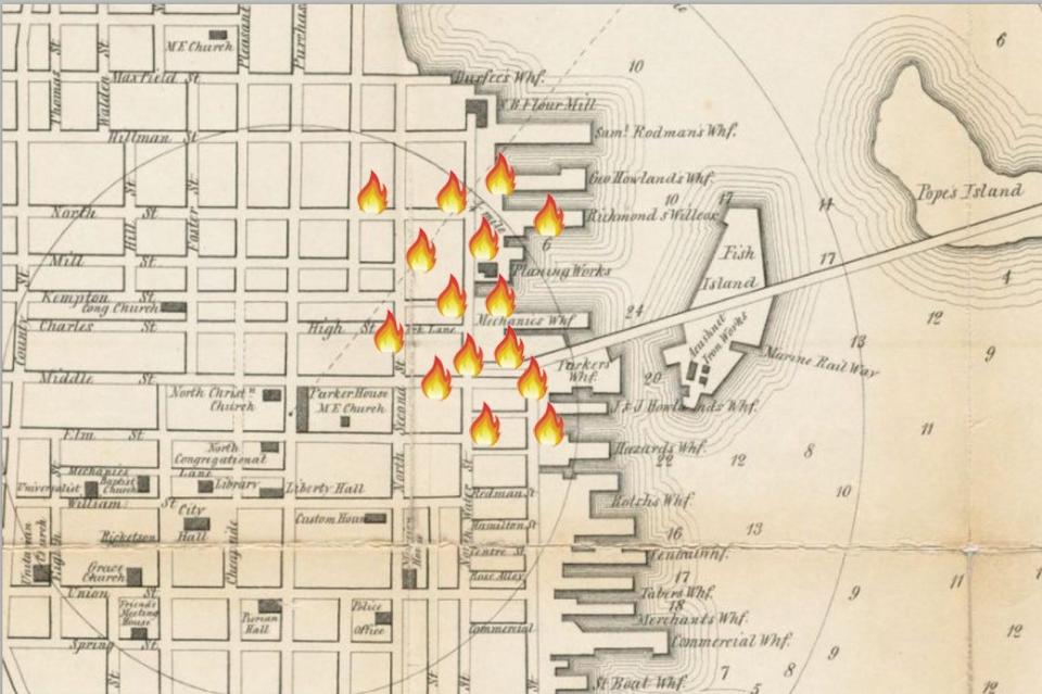 Map from 1857 with overlay of where the fire spread on August 24, 1859.