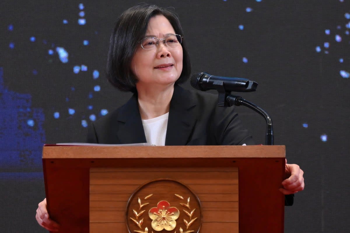 Taiwan's president Tsai Ing-wen speaks during a press conference on the seventh anniversary of her tenure (AFP via Getty Images)