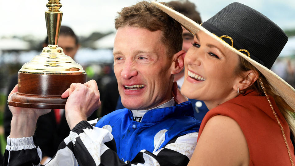 Melbourne Cup winning jockey Mark Zahra won fans over with his heartfelt words after winning aboard Golden Trip. (Photo by WILLIAM WEST/AFP via Getty Images)