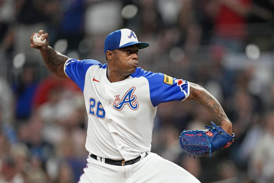 Atlanta Braves relief pitcher Raisel Iglesias works in the ninth inning of a baseball game against the Washington Nationals, Saturday, Sept. 30, 2023, in Atlanta. (AP Photo/John Bazemore)