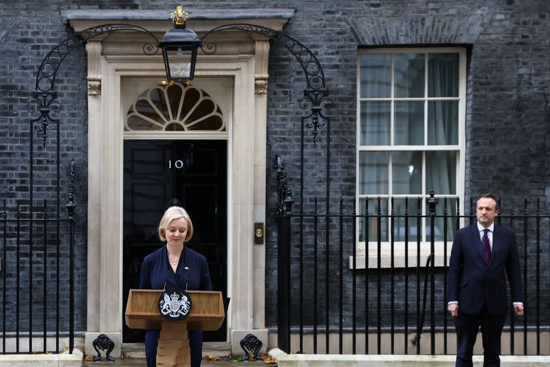 British Prime Minister Liz Truss announces her resignation, outside Number 10 Downing Street, London