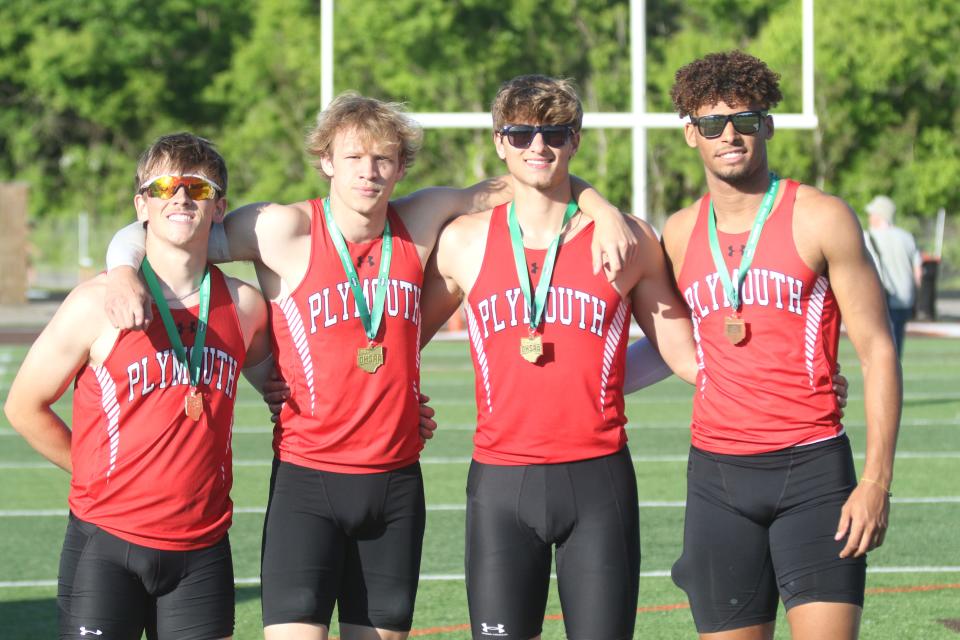 Hoping to build on the momentum of a regional championship is Plymouth’s 4 x 100 meter relay team of, left to right, Gavin McClary, Riley Ramey, Layne Bushey and Caiden Allen.