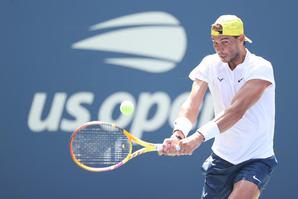 NEW YORK, NEW YORK - AUGUST 26: Rafael Nadal of Spain returns a ball during a practice session before the start of the 2022 US Open at USTA Billie Jean King National Tennis Center on August 26, 2022 in New York City. (Photo by Sarah Stier/Getty Images)