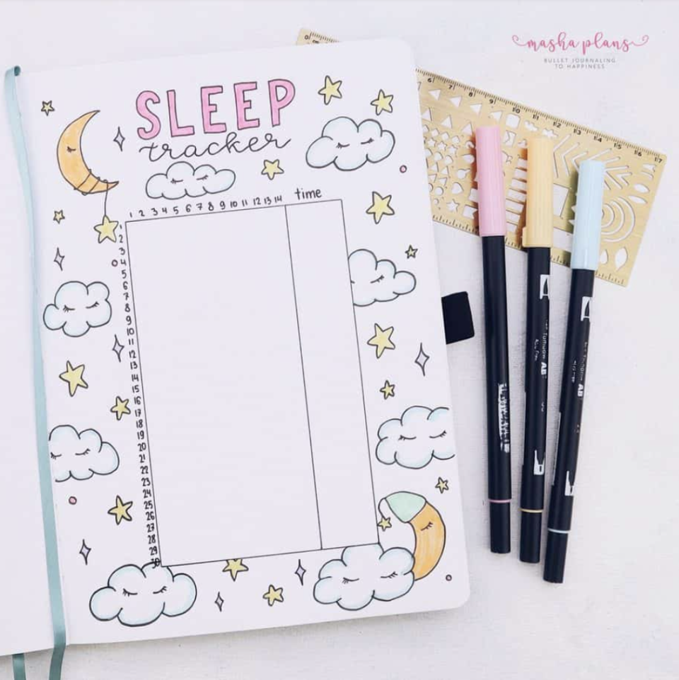 <p>Those of us who don't sleep well know how important shut-eye is to, well, everything. Using your bullet journal to keep track of how much sleep you get helps you notice any patterns that emerge. This adorable <a href="https://mashaplans.com/bullet-journal-page-ideas-ultimate-list/" rel="nofollow noopener" target="_blank" data-ylk="slk:design by Masha Plans;elm:context_link;itc:0;sec:content-canvas" class="link ">design by Masha Plans</a> makes it fun. </p>