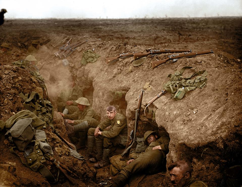 <p>Welsh Guardsmen in a reserve trench, Guillemont, September 1916. (Tom Marshall/mediadrumworld.com) </p>