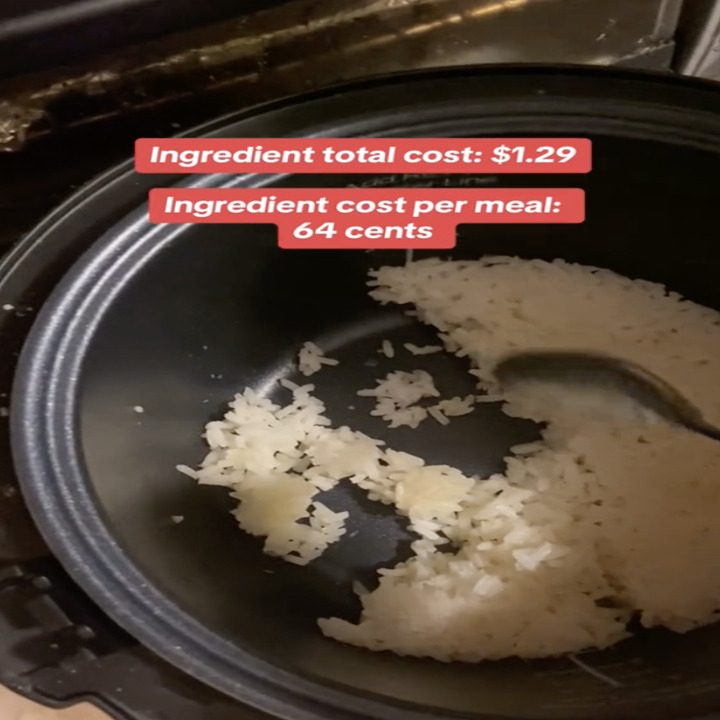 Maria scooping rice out of a rice cooker, with caption 