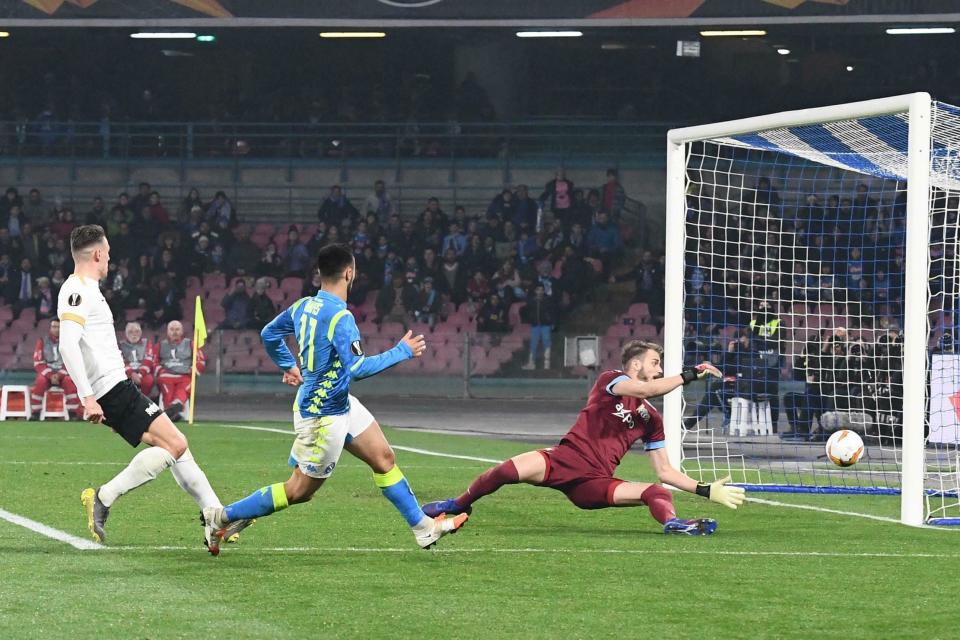 Napoli's Adam Ounas scores during the Europa League soccer match between Napoli and Zurich, at the San Paolo stadium in Naples, Italy, Thursday, Feb. 21, 2019. (Ciro Fusco/ANSA via AP)