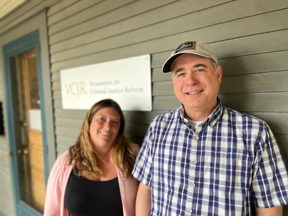 Jess Kirby and Tom Dalton of Vermonters for Criminal Justice Reform, as seen on June 16, 2023.