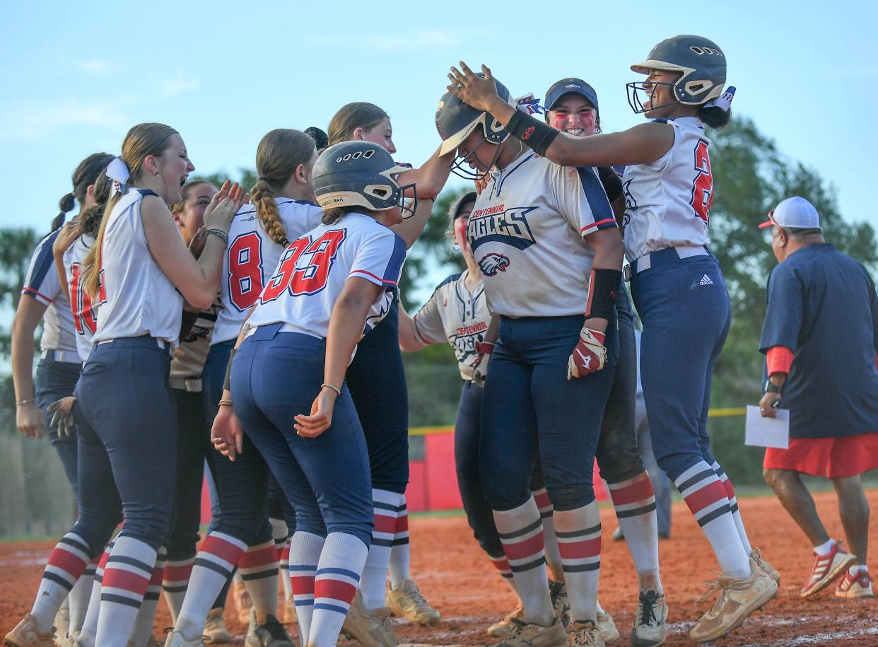 St. Lucie West Centennial High School competes with Treasure Coast High School during their FHSAA class 7A District 11 Girls Softball District Championship on Wednesday, May 1, 2024, at SLW Centennial High School in Port St. Lucie. Centennial won 4-2.