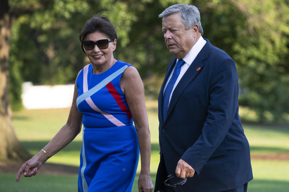 FILE - First lady Melania Trump's parents Viktor, right, and Amalija Knavs arrive at the White House in Washington, Aug. 18, 2019. Amalija Knavs has died, according to an announcement by Trump late Tuesday, Jan. 9, 2024. (AP Photo/Carolyn Kaster, File)