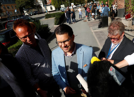 Sweden Democrats party leader Jimmie Akesson speaks during election day, in Stockholm, Sweden September 9, 2018. REUTERS/Ints Kalnins