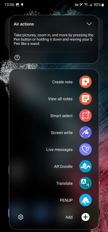 A screenshot of the S Pen quick menu.