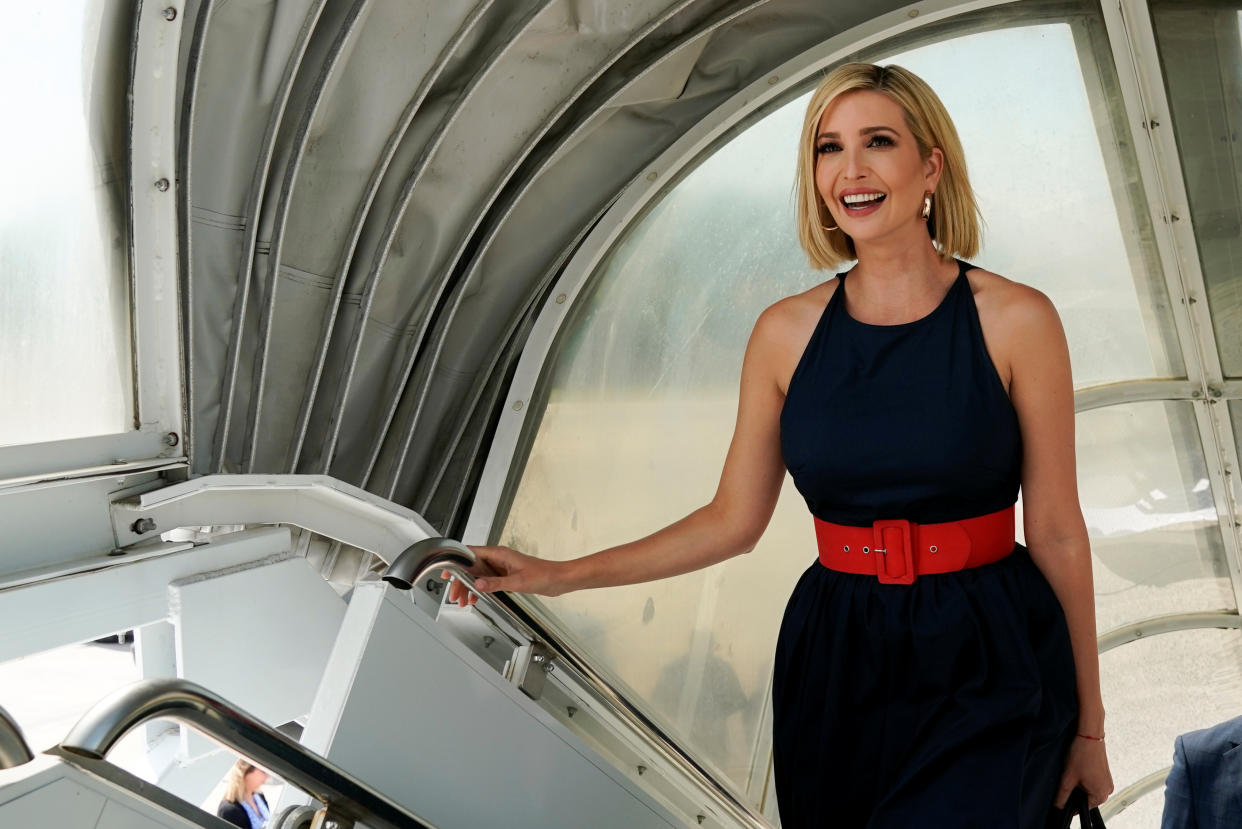 U.S. President Donald Trump’s daughter Ivanka Trump, a senior White House adviser, boards her plane as she departs Joint Base Andrews in Maryland, U.S., to begin her visit to South America to urge nations to remove barriers to economic empowerment for women.  September 2, 2019.  REUTERS/Kevin Lamarque