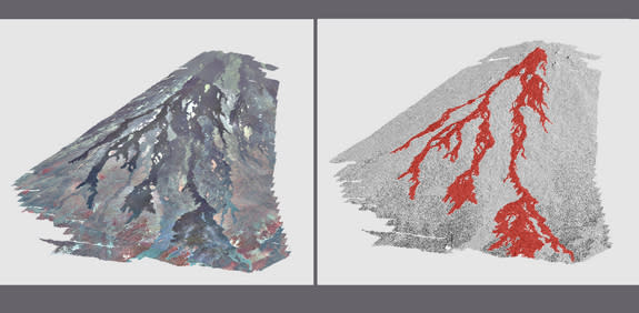 Branches of Hawaii's Mauna Loa 1984 lava flow. False-color satellite images (left) show the layers of lava flows that have solidified through time. Images generated from laser data (right) help researchers tease out the most recent flow on top