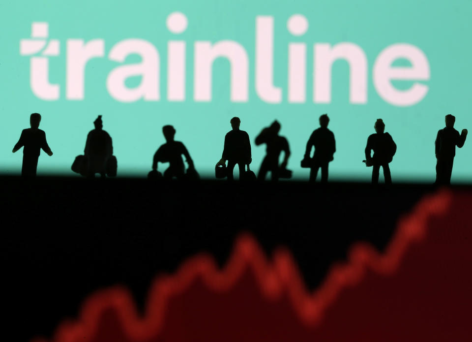 Trainline logo is displayed behind small toy figures and a stock graph in this illustration picture, June 20, 2019. REUTERS/Dado Ruvic