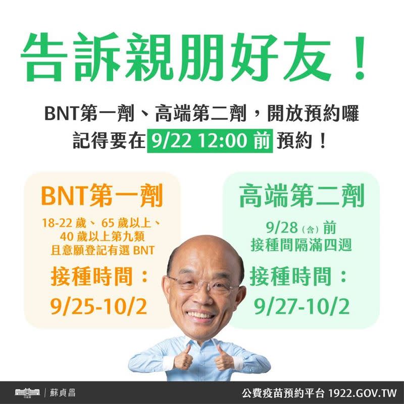 行政院長蘇貞昌在臉書提醒已開放要接種第二劑高端、第一劑 BNT 的民眾預約接種（圖／翻攝蘇貞昌臉書）