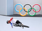 <p>Anthony Jeanjean of France jumps while prepares for the race prior to the Women's BMX Freestyle seeding event on day eight of the Tokyo 2020 Olympic Games at Ariake Urban Sports Park on July 31, 2021 in Tokyo, Japan. (Photo by Laurence Griffiths/Getty Images)</p> 