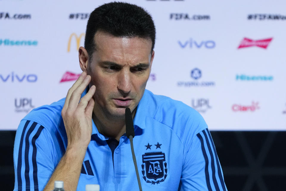 Argentina's head coach Lionel Scaloni attends a press conference ahead of the final soccer match between Argentina and France in Doha, Qatar, Saturday, Dec. 17, 2022. (AP Photo/Natacha Pisarenko)