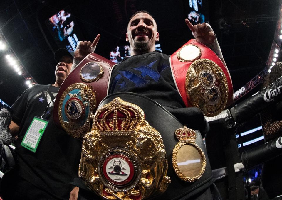 Andre Ward celebrates after his unanimous-decision victory over Sergey Kovalev in their light heavyweight title bout at T-Mobile Arena on Nov. 19, 2016, in Las Vegas. (Getty Images)