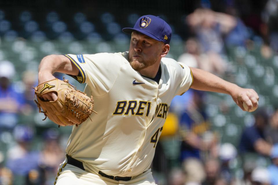 Milwaukee Brewers pitcher Jared Koenig throws during the seventh inning of a baseball game against the Pittsburgh Pirates Wednesday, May 15, 2024, in Milwaukee. (AP Photo/Morry Gash)