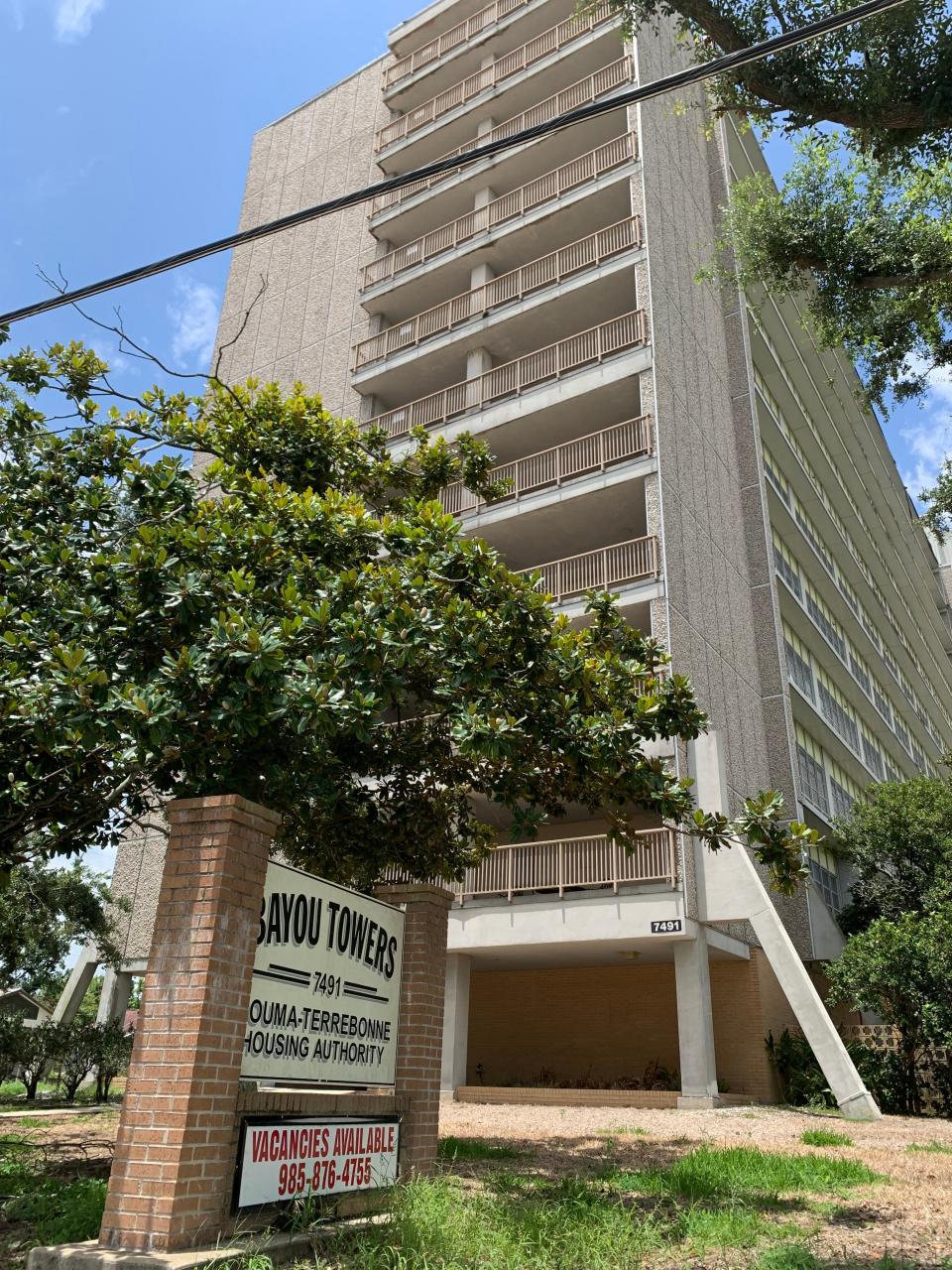 Bayou Towers, shown Monday, July 18, 2022, is off limits for tenants because the state Fire Marshal's Office has declared it unsafe. The high-rise's future remains uncertain nearly one year after Hurricane Ida caused severe damage there.