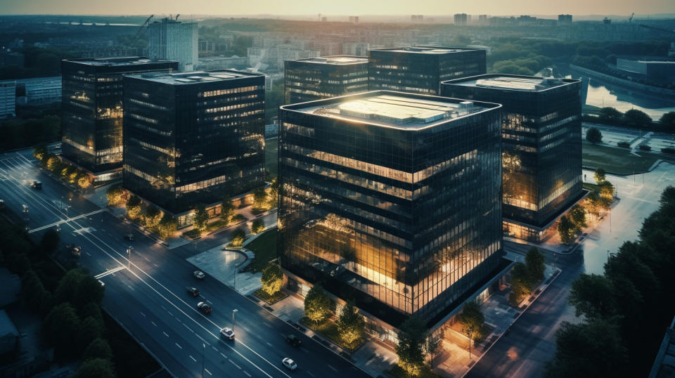 Aerial view of a large REIT building complex, its facade reflecting the city skyline.