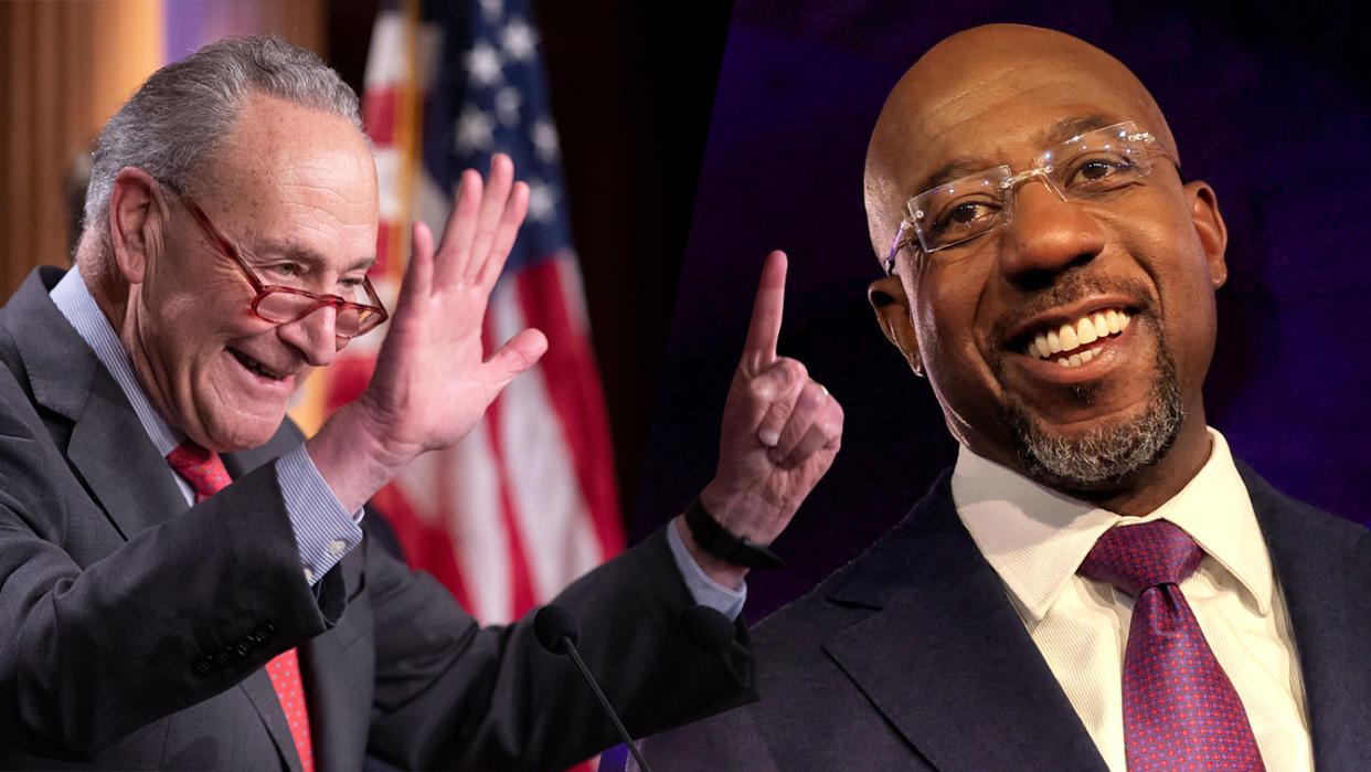 Senate Majority Leader Chuck Schumer and Sen. Raphael Warnock.