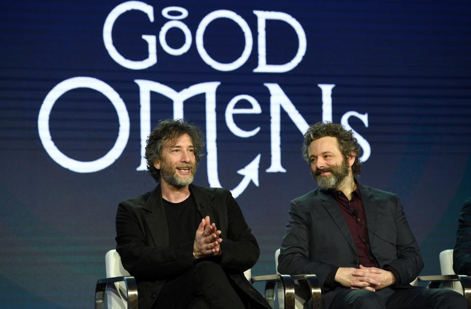 Executive producer/showrunner Neil Gaiman, left, and Michael Sheen participate in the Amazon "Good Omens" panel at the Winter Television Critics Association Press Tour.