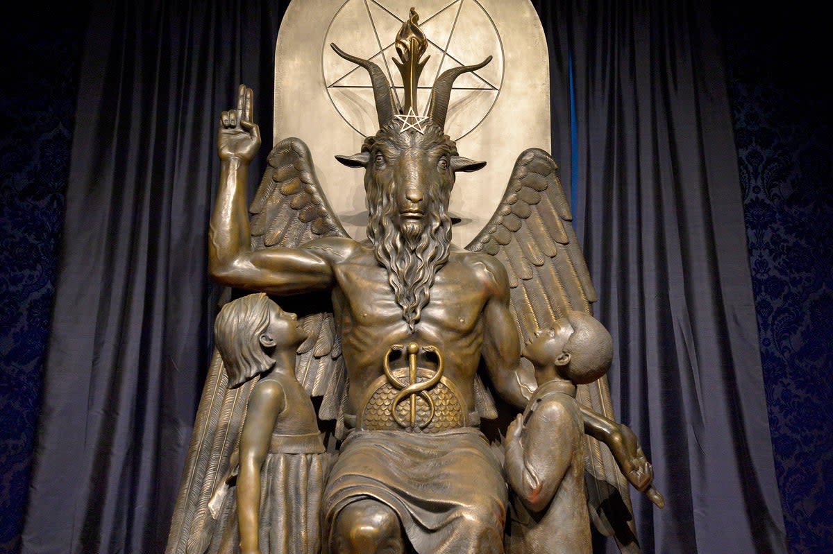 The Baphomet statue is seen in the conversion room at the Satanic Temple where a ‘Hell House' is being held in Salem, Massachusett on October 8, 2019 (AFP via Getty Images)