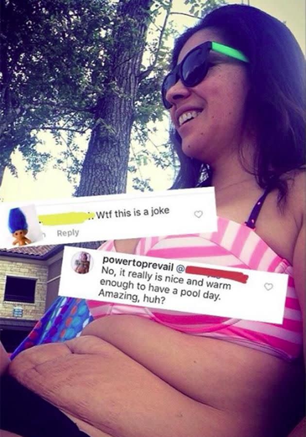 When she got slammed online, she posted the picture again with the nasty troll's comment plastered all over it. Photo: Instagram