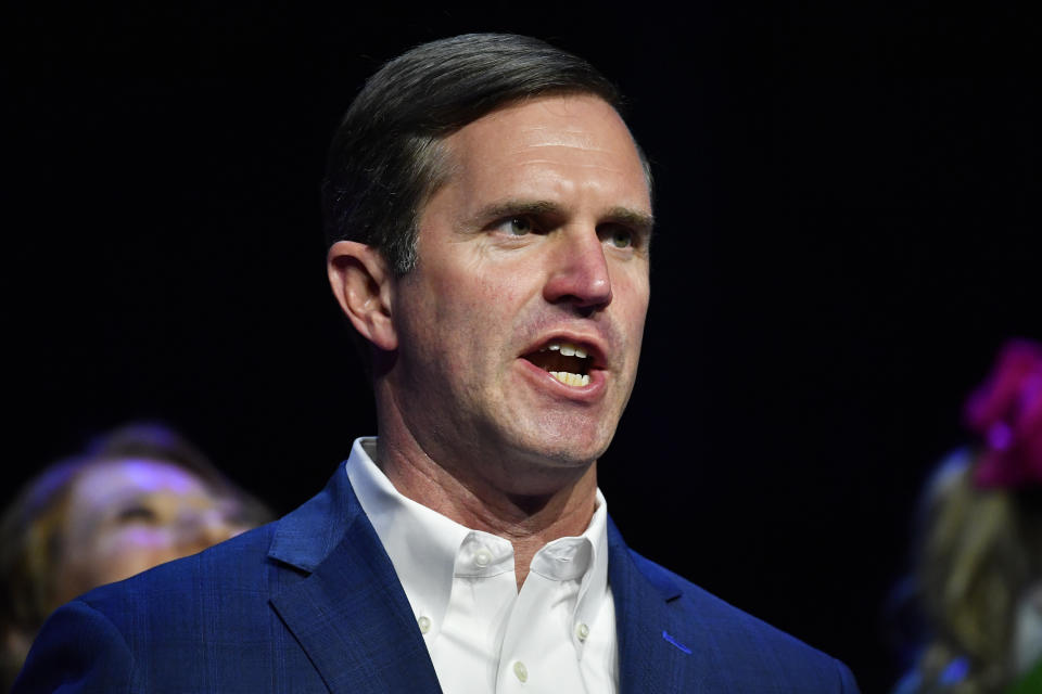 Kentucky Gov. Andy Beshear speaks during an election night rally after he was elected to a second term in Louisville, Ky., Tuesday, Nov. 7, 2023. (AP Photo/Timothy D. Easley)