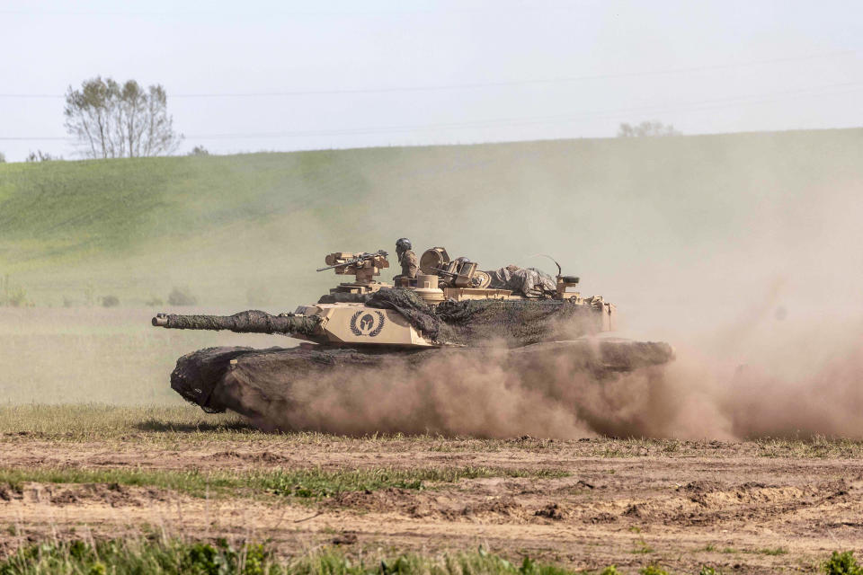 In this file photo taken on May 19, 2022, a US Abrams tank is seen as troops from Poland, USA, France and Sweden take part in the DEFENDER-Europe 22 military exercise, in Nowogrod, Poland. - US President Joe Biden will address Americans on January 25, 2023, about US support for Ukraine, the White House announced, amid expectations that the US will announce future delivery of Abrams tanks. The White House gave no details of the remarks scheduled for 12:00 pm (1700 GMT), other than saying Biden 