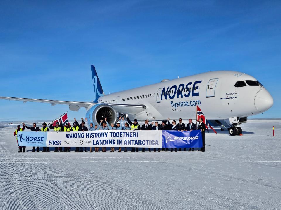 A Boeing 787 Dreamliner sits on an icy runway in a remote part Antarctica on Nov. 15, 2023. It is the largest plane to touch down on the frigid continent.