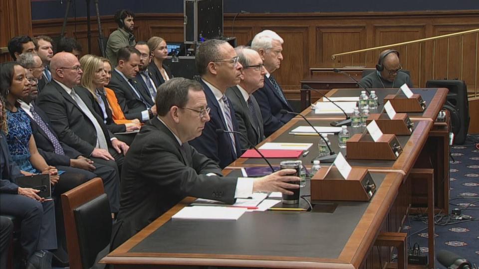 PHOTO: (L-R) Northwestern president Michael Schill, Rutgers president Jonathan Holloway, Phi Beta Kappa Society CEO Frederick M. Lawrence and UCLA Chancellor Gene Block at a Committee on Education and the Workforce hearing, May 23, 2024, in Washington. (Pool/ABC News)