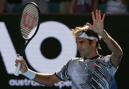 Tennis - Australian Open - Melbourne Park, Melbourne, Australia - 18/1/17 Switzerland's Roger Federer celebrates after winning his Men's singles second round match against Noah Rubin of the U.S. .REUTERS/Edgar Su